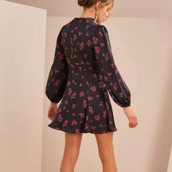 Keepsake Infinity Long Sleeve Satin Mini Dress Black with Pomegranate Ditsy Size - Picture 5 of 14